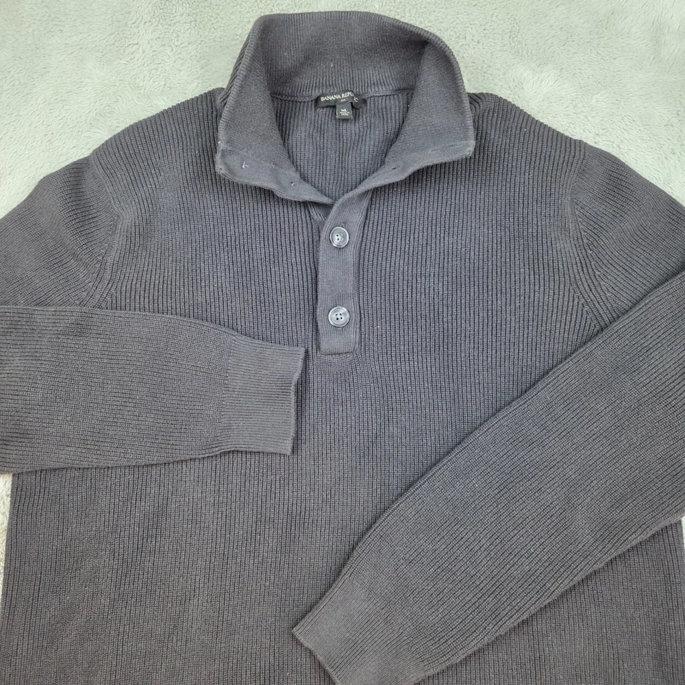 VTG Banana Republic Ribbed Henly Mock Neck Sweater Mens XL Cotton Knit Dark Gray